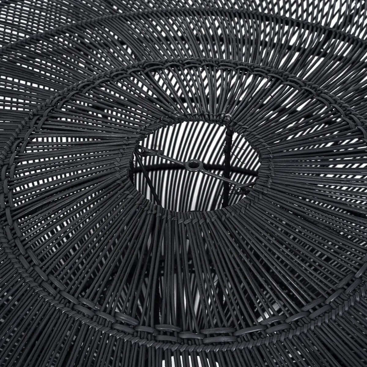 Close-up of black rattan Bohemian Macaron hanging lamp, XL size, showcasing intricate weaving and design for elegant interior lighting.