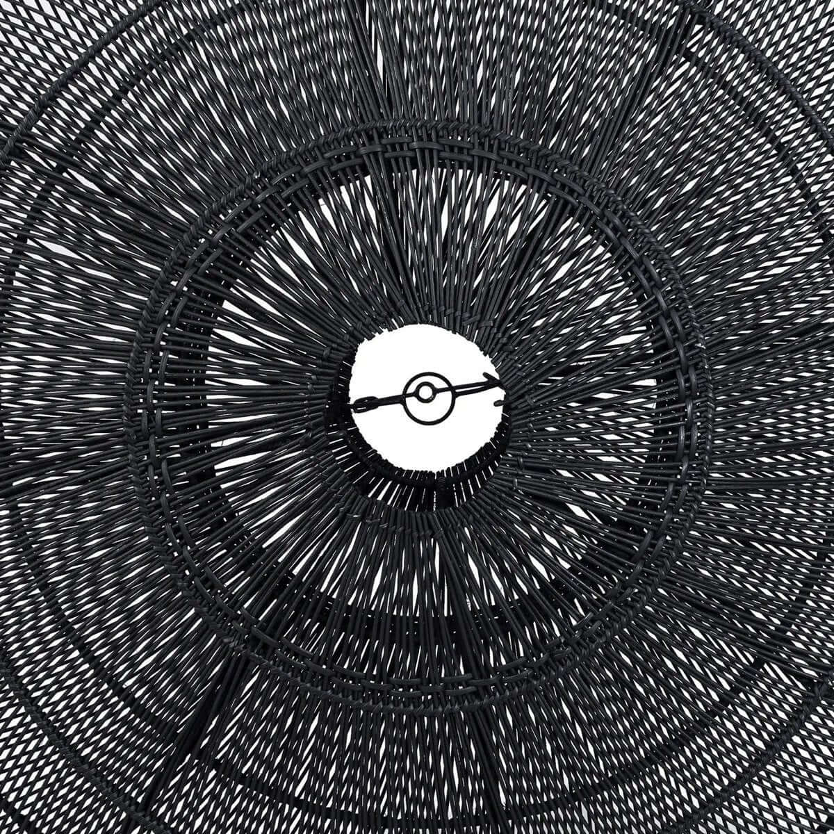 Close-up of black XL Macaron rattan pendant light, showcasing intricate Bohemian design and elegant craftsmanship for stylish interiors.