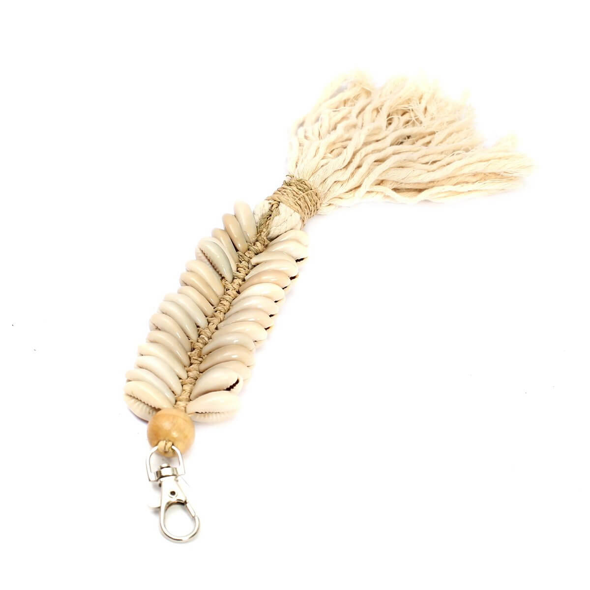 Crème macramé fishbone keychain with shells and cotton tassel, bohemian style accessory.