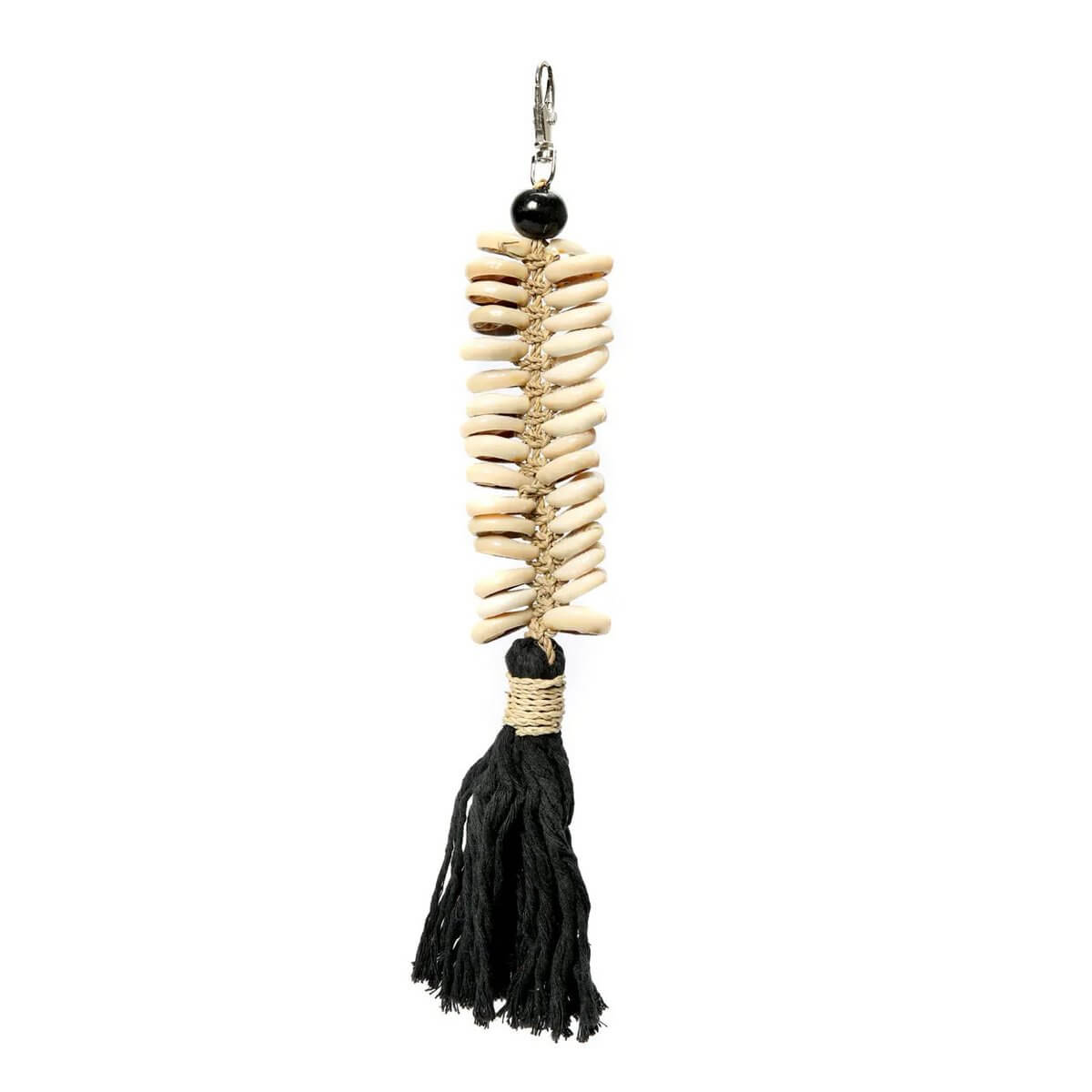 Bohemian macrame fishbone keychain with shells and black cotton tassel, perfect for styling and gifting.