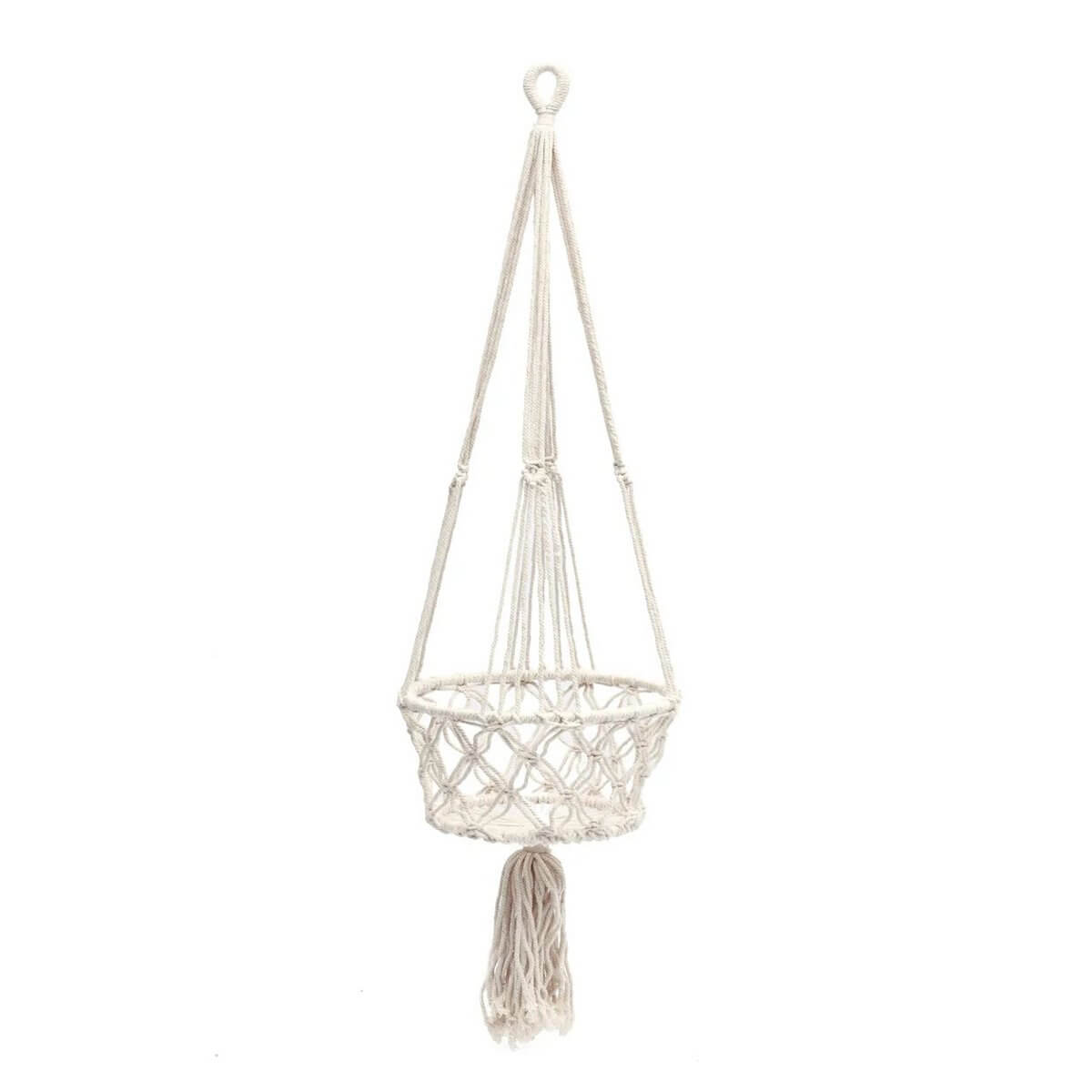 Bohemian macramé plant holder in white cotton, perfect for indoor and covered outdoor spaces, 110cm tall by Bazar Bizar.