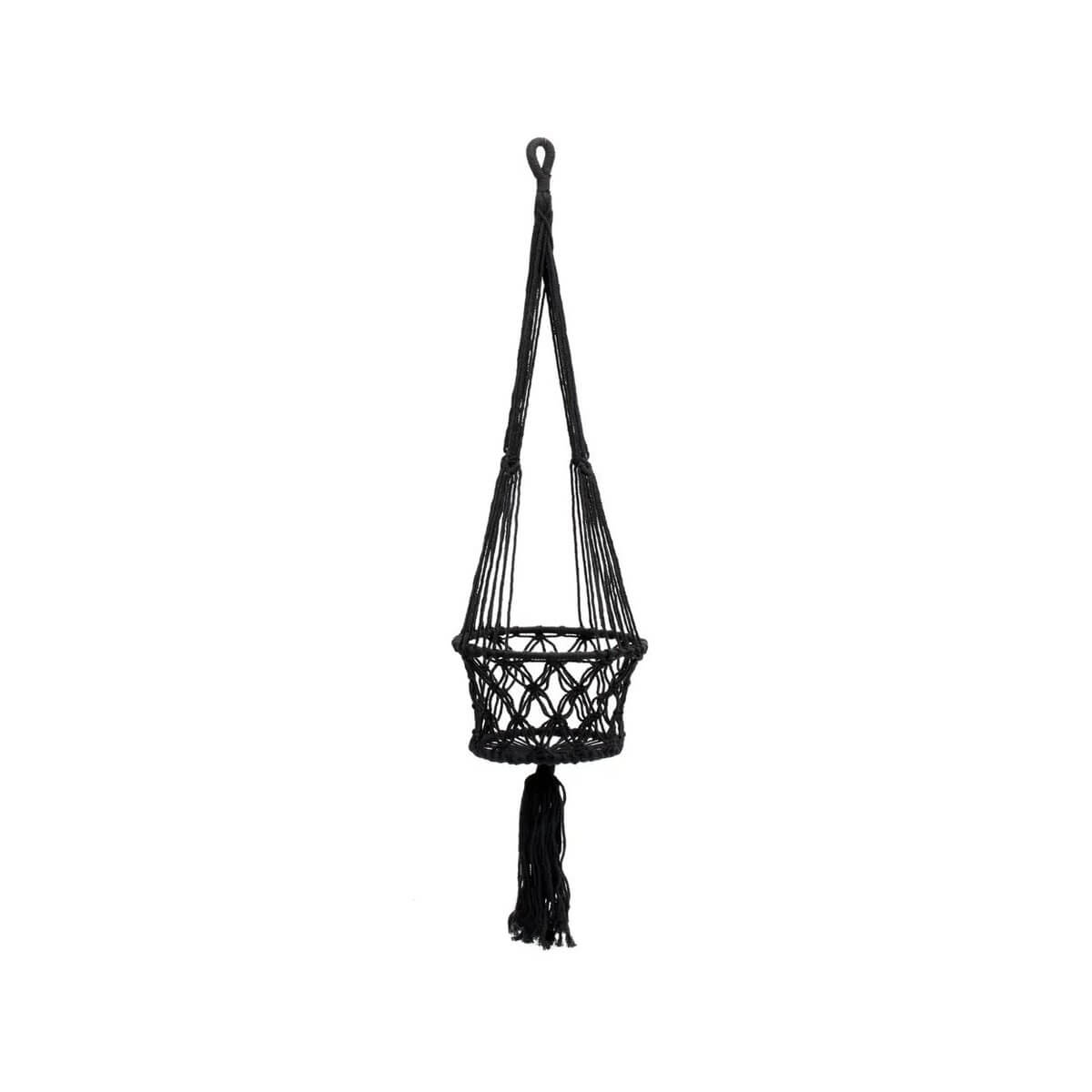 Black bohemian macramé plant holder, handcrafted from cotton, ideal for indoor hanging plants, adding a stylish touch to any room.