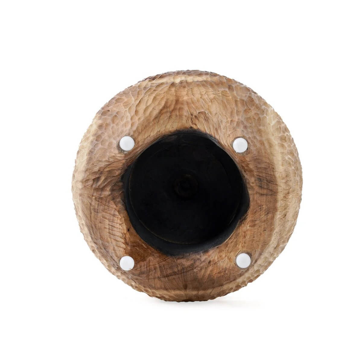 Bottom view of the Maldives Stool in natural suarwood, showcasing its smooth, circular base. Perfect for a bohemian-inspired space.