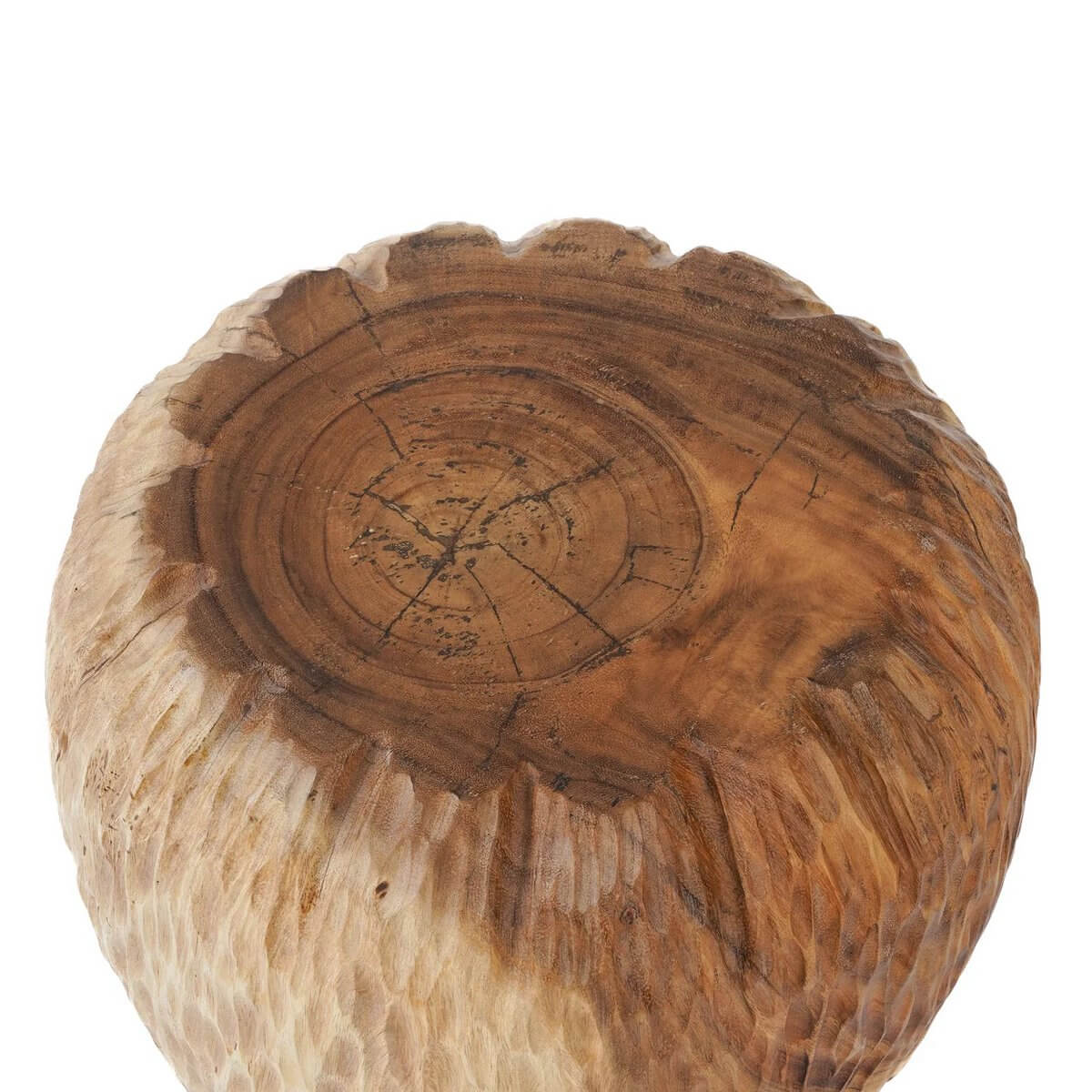 Top view of The Maldives Stool made from suar wood, showcasing its rich natural grain, perfect for Bohemian style decor.