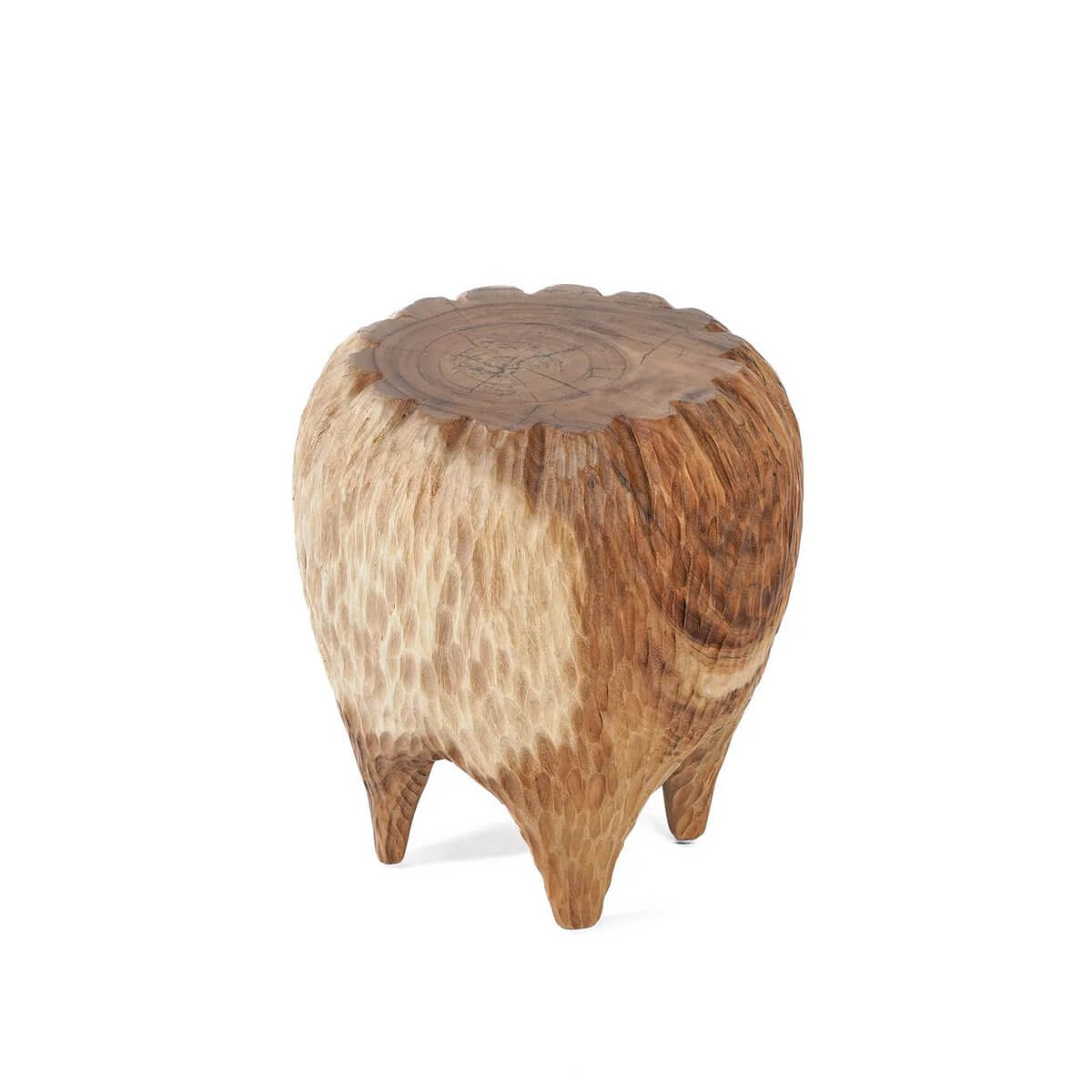 Bohemian-style Maldives stool made of natural suar wood, showcasing rich, unique grain pattern. Perfect for adding coastal charm.