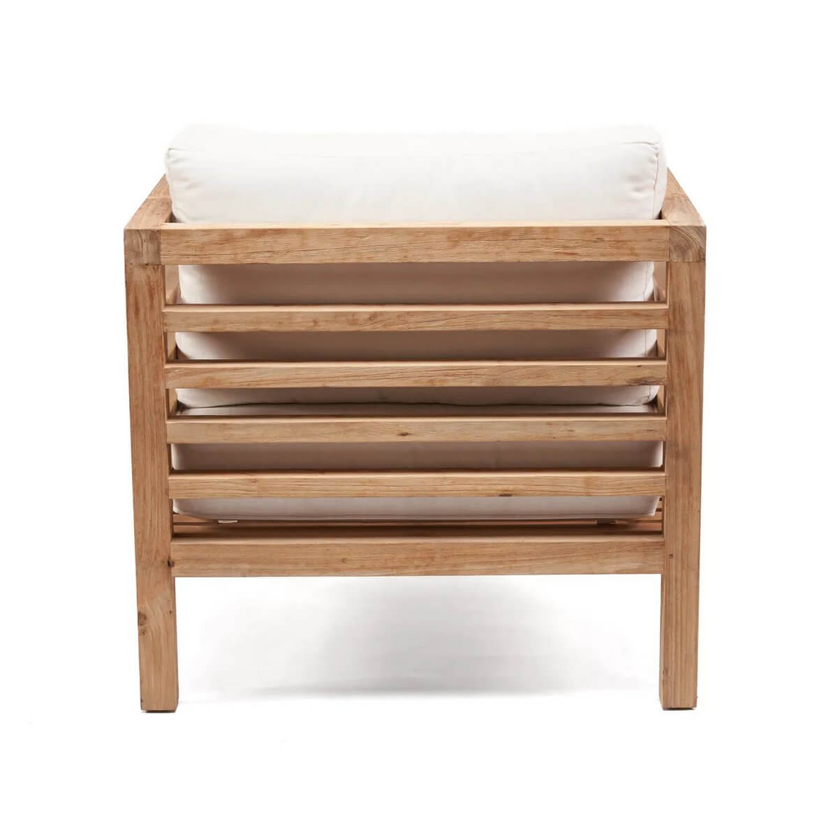 De Moyo modulaire eenzitsbank met bohemian stijl, houten frame en zachte kussens, ontworpen voor luxueuze buitenzitcomfort.