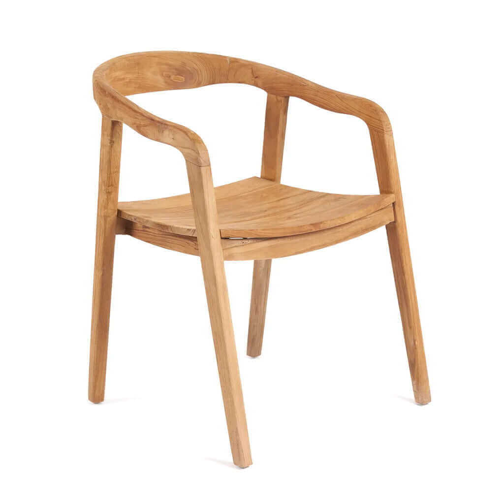 Teakhouten Nihi Oka stoel met gebogen rugleuning voor binnen en buiten, tijdloos design elegante uitstraling.