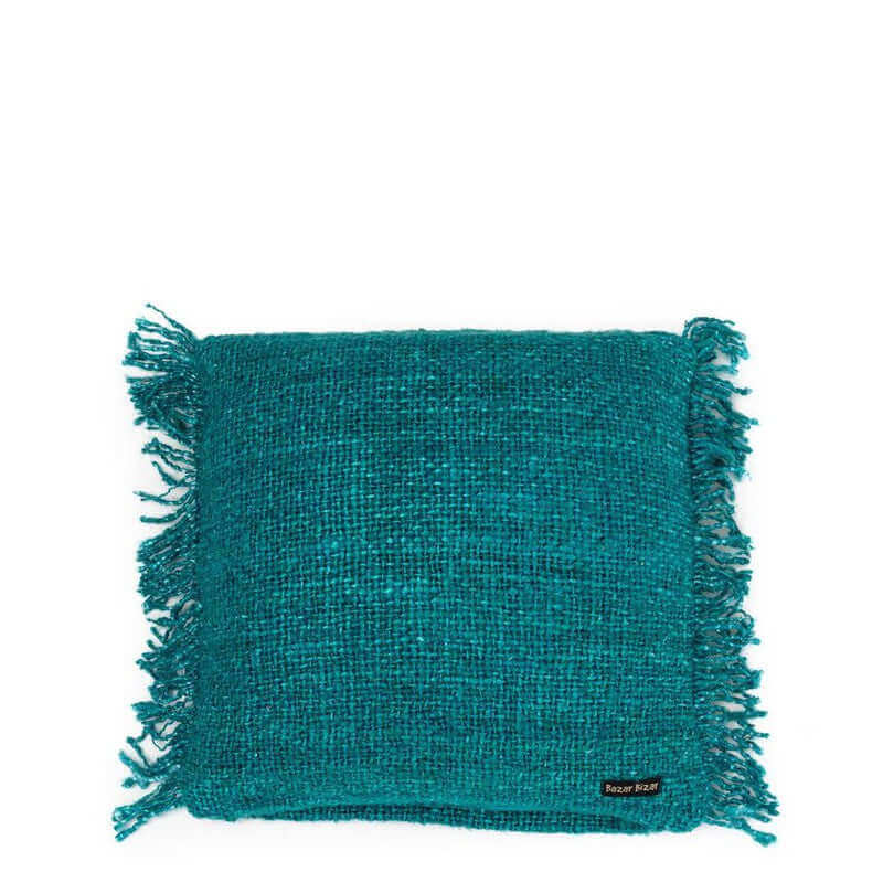 Aqua kussenhoes De Oh My Gee, 40x40 cm met franje details. Perfect voor een stijlvolle woonkamer decoratie.