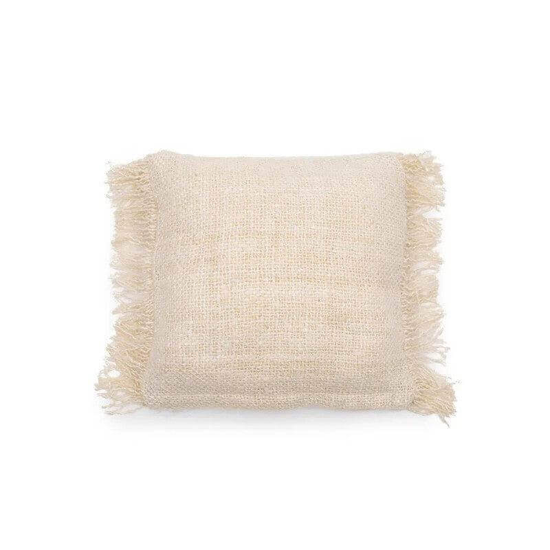 Crème katoenen kussenhoes 40x40 met franjes, boho-stijl voor woonkamer en tuin, handgemaakt en uniek textiel