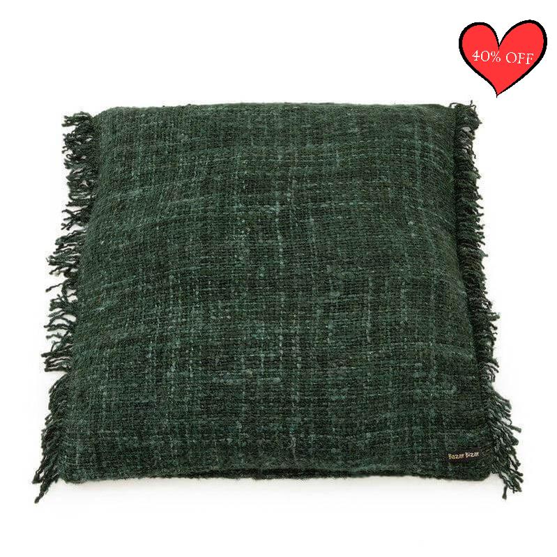 Donkergroene boho kussenhoes van zacht katoen, 60x60 cm, met franjes. Perfect voor interieur of tuin. Excl. binnenkussen.