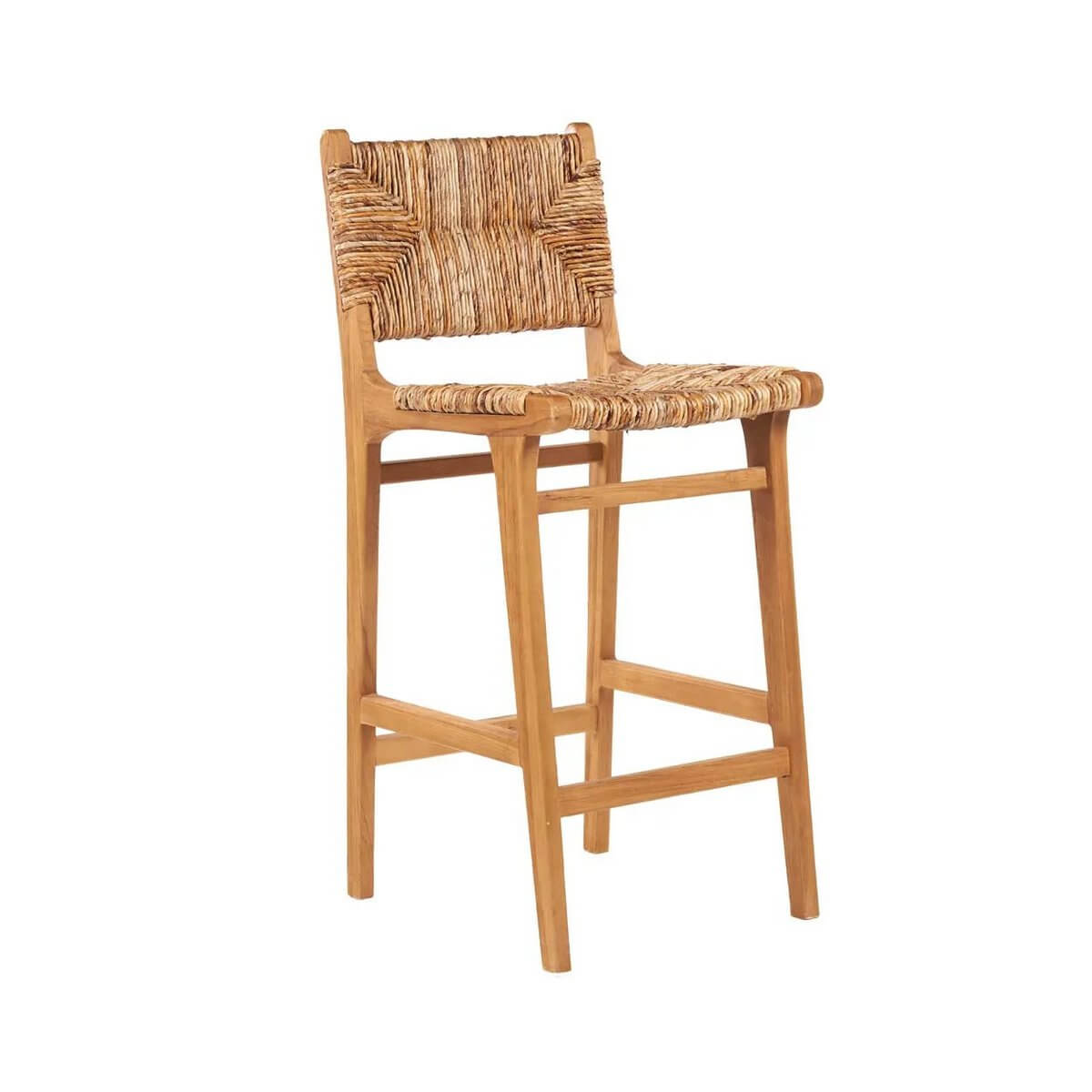 Bohemian style Puquta Barkruk in natural wood and woven design for a stylish kitchen island or home bar seating.