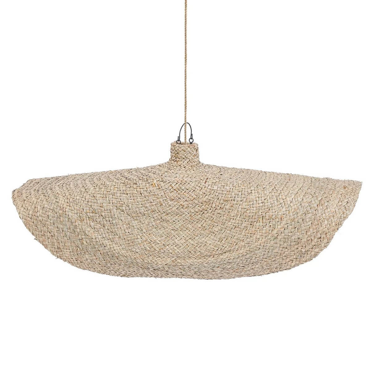 Bohemian XL Qubba Hanger in natural woven water hyacinth, creating cozy light patterns for a coastal vibe.