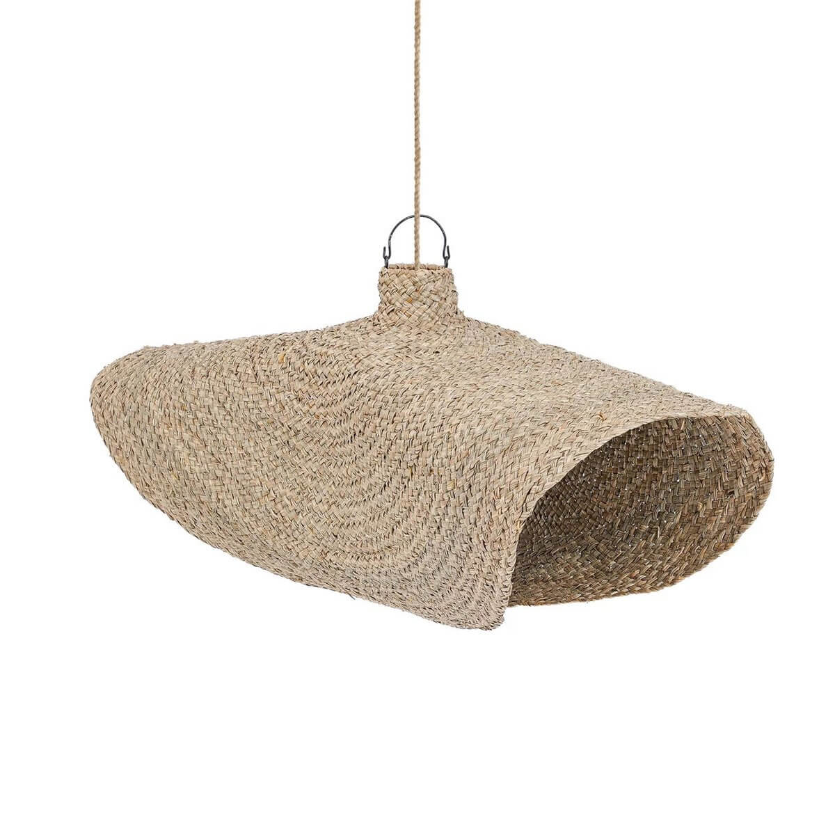 Bohemian style XL Qubba hanger in natural woven water hyacinth, creating a cozy coastal vibe with unique light patterns.