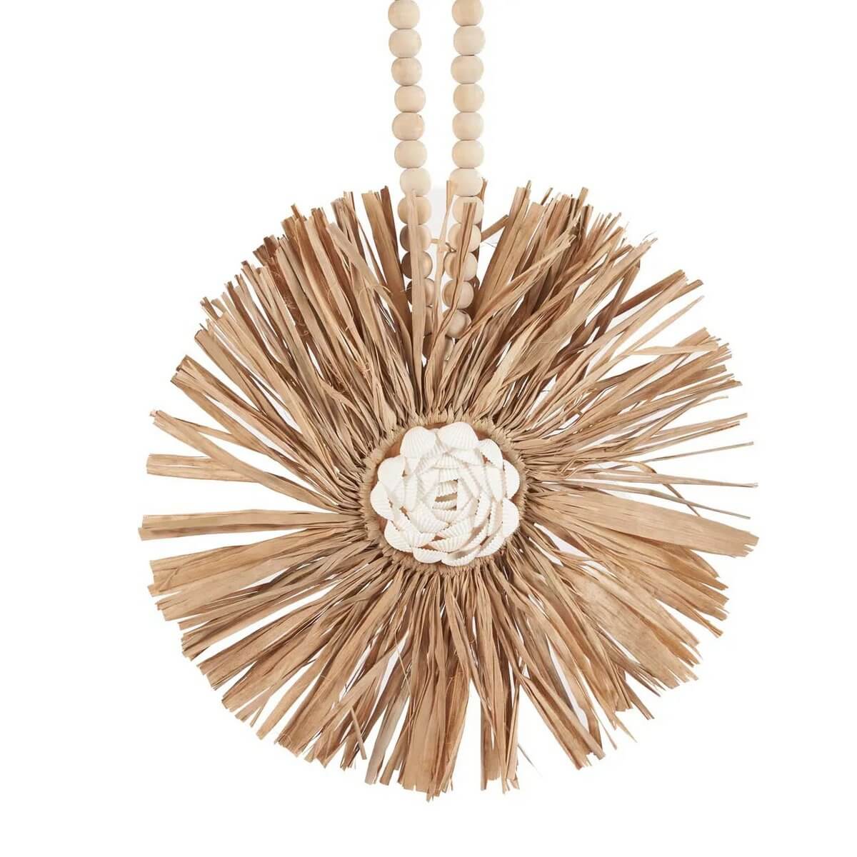 Bohemian raffia tassel with intricate design and natural charm, perfect as curtain decor or unique door handle accent.