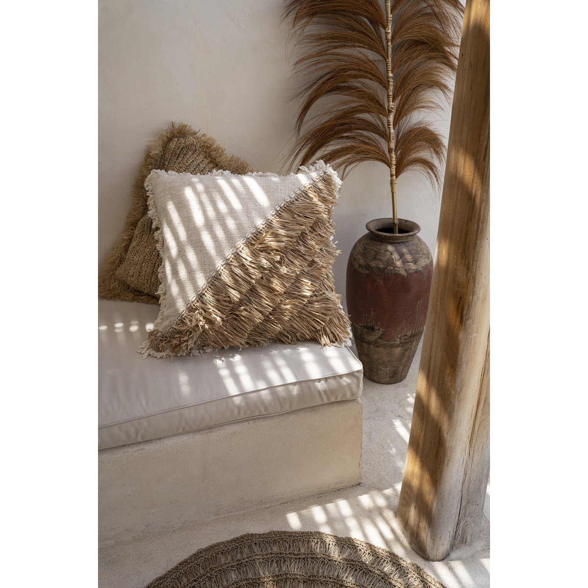 De Raffia Katoenen Kussenhoes - Naturel Wit - 60x60-kussens-Bazar Bizar Living-Ik Hout ervan.