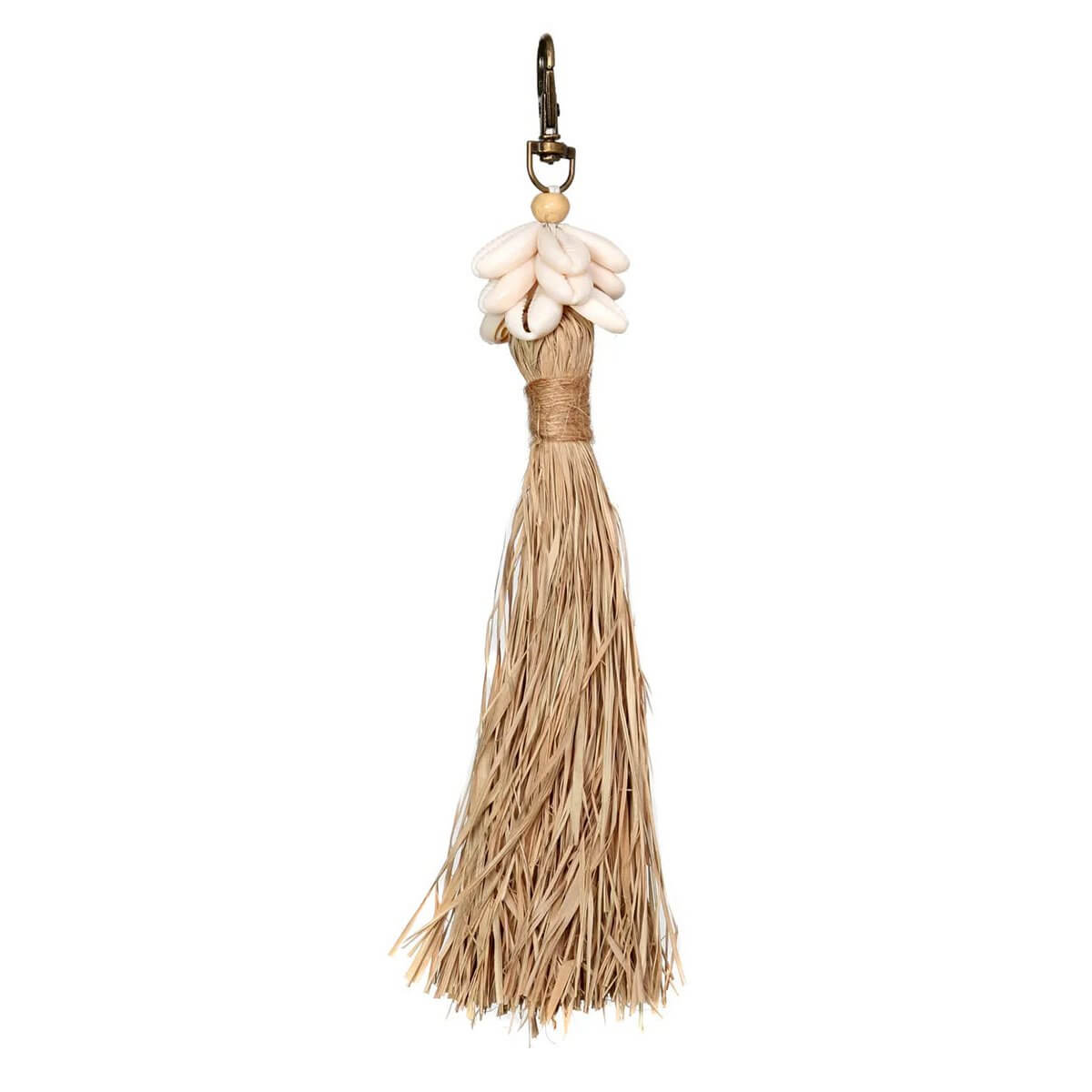 Bohemian Raffia Kauri Shell Keychain with Tassel, Handcrafted in Bali, Adds a Coastal Touch to Home Decor, 20cm Long, Beige, Bazar Bizar Living