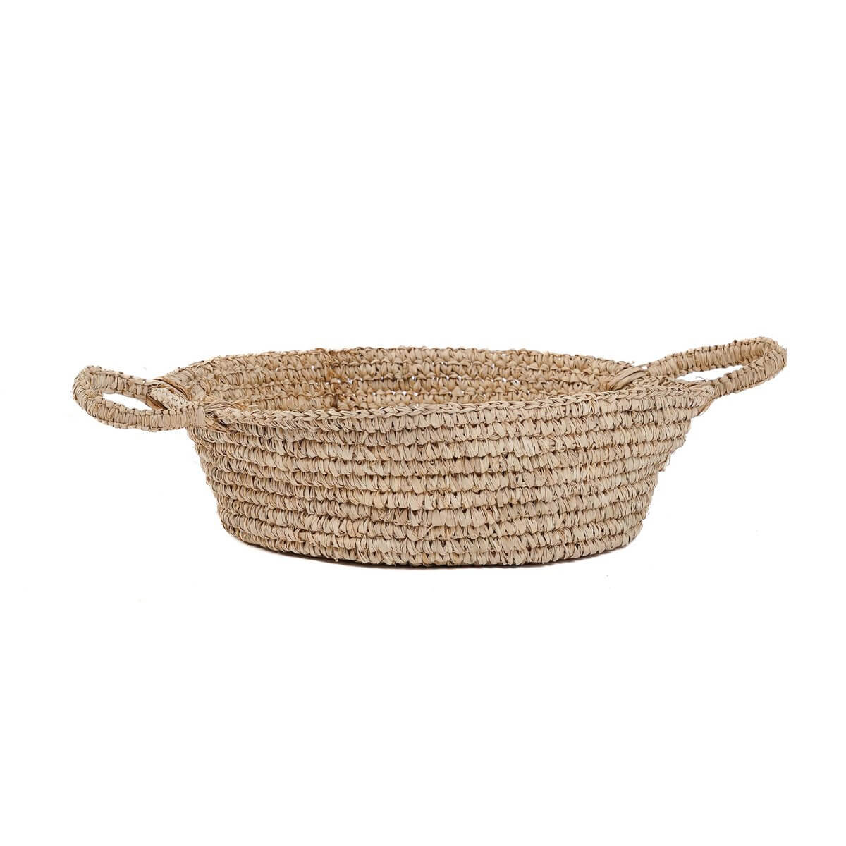 Bohemian style raffia basket with handles, perfect for adding rustic elegance to small spaces and versatile storage solutions.