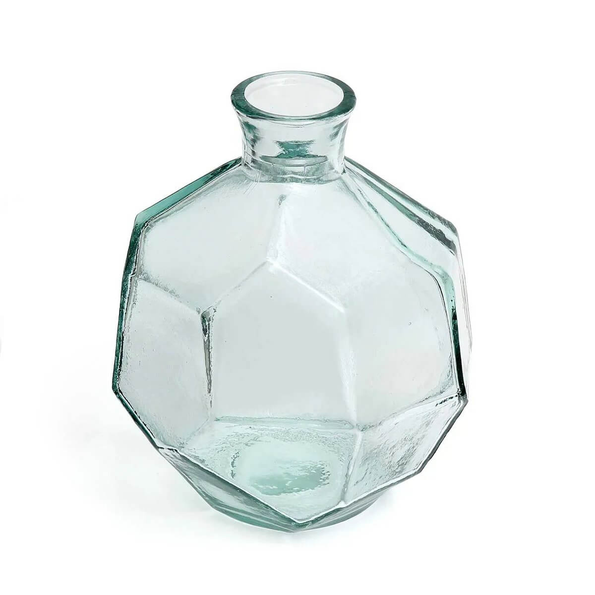 Clear geometric glass vase with a hexagonal structure, inspired by origami design, perfect for bohemian décor settings.