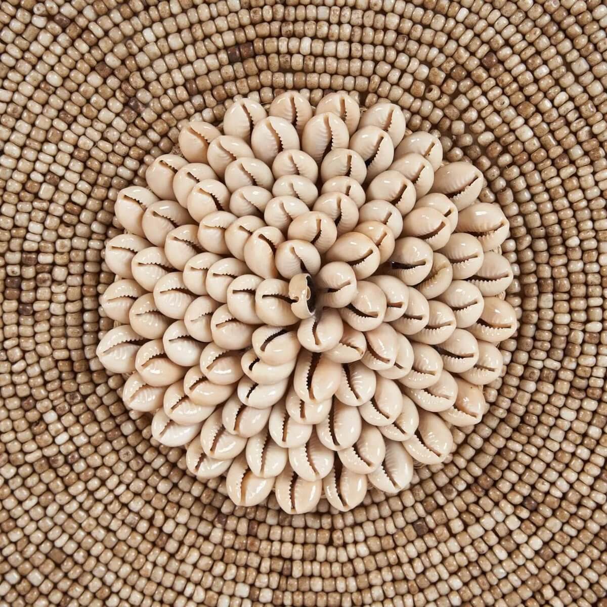 Intricate shell pattern on a textured beaded surface, showcasing natural elegance and detailed design in soft earthy tones.
