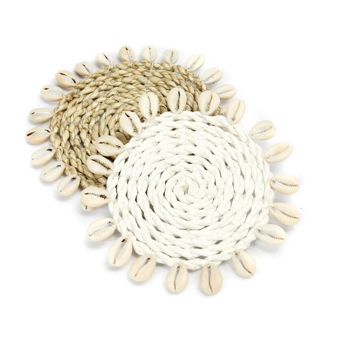 Bohemian style De Seagrass Shell Coaster with natural sea grass and kauri shells, perfect for any table setting. 12cm diameter.