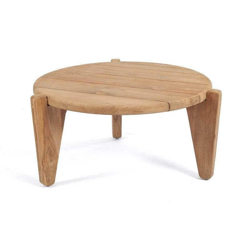 De Seseh salontafel van teakhout met drie poten, modern design, perfect voor terras of balkon, eenvoudig te onderhouden.
