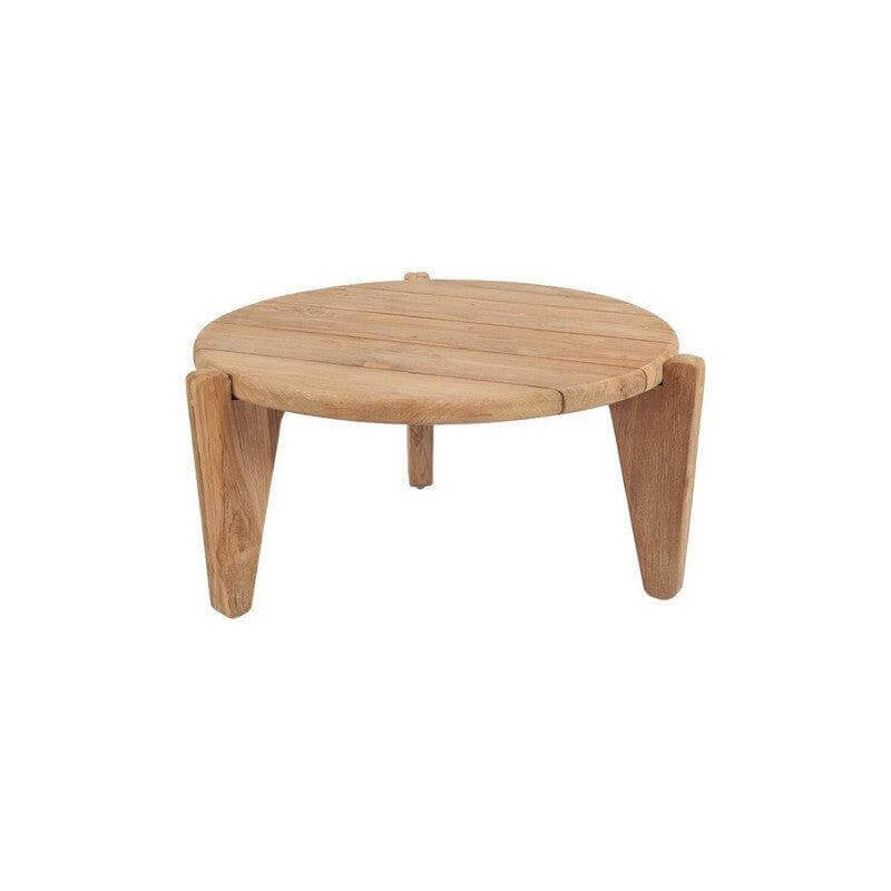 Ronde teakhouten Seseh salontafel met drie poten, perfect voor tuin of balkon, modern en duurzaam design.