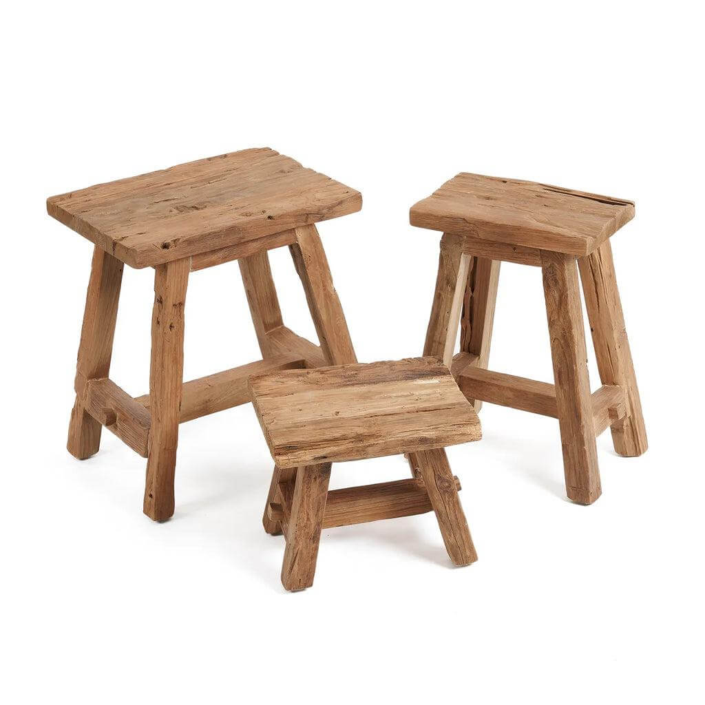 Drie Shoji krukjes van gerecycled teakhout, modern design, verschillende maten voor elke ruimte, duurzaam en organisch.