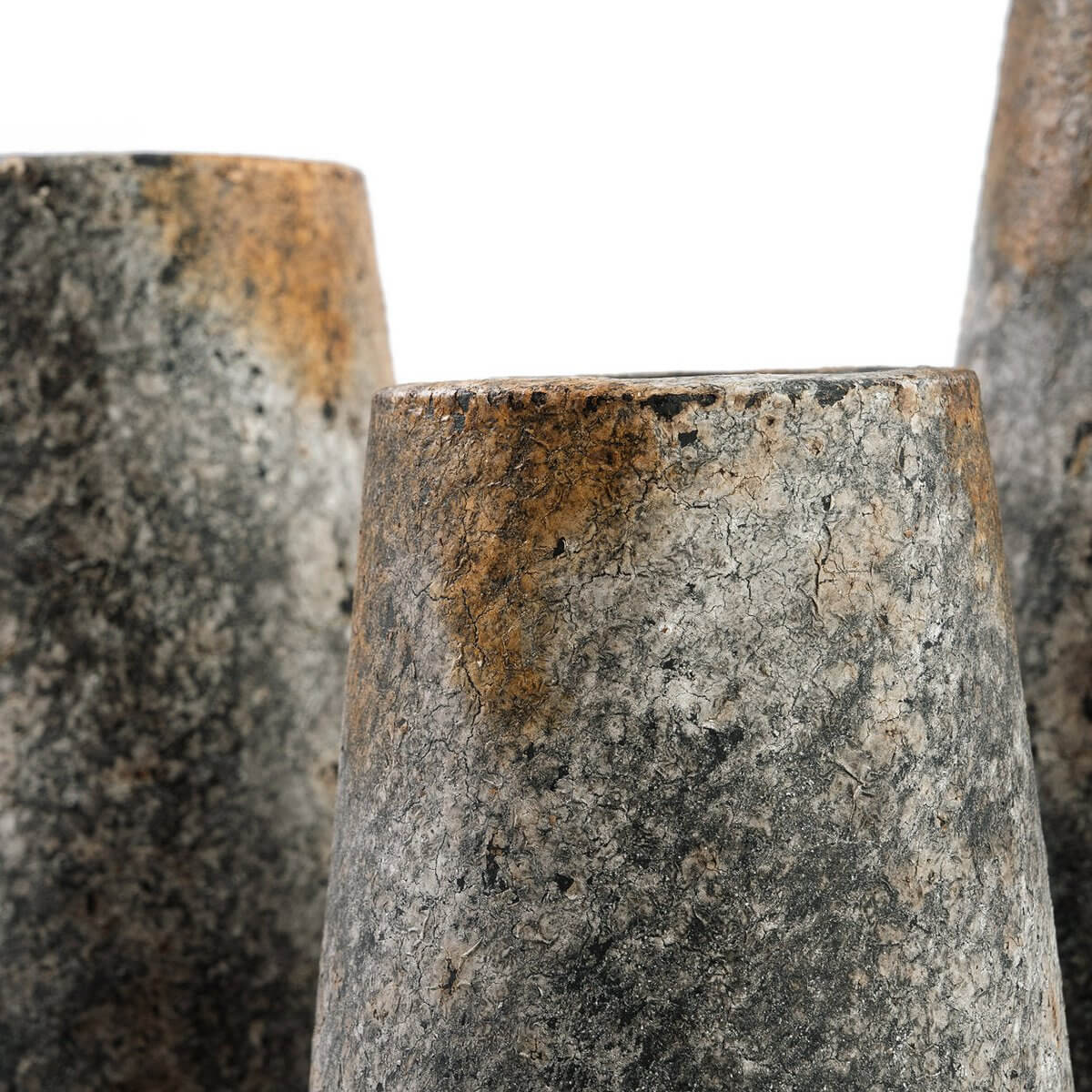 Close-up of De Spookachtige Vaas in antique grey, perfect for Bohemian decor, showing textured terracotta finish.