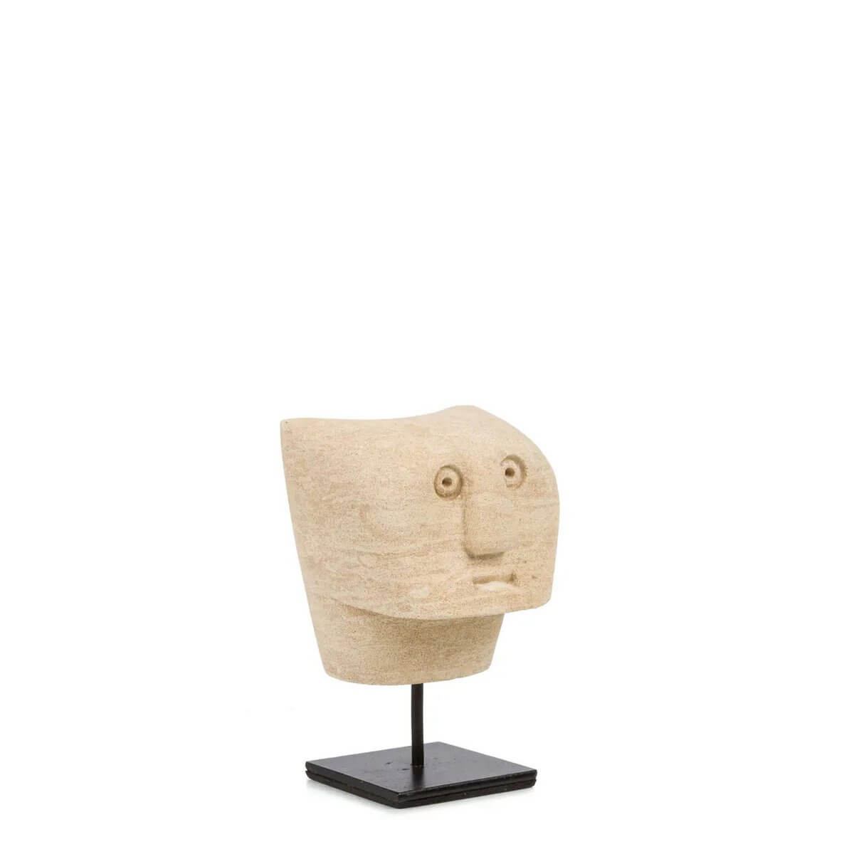 Bohemian Sumba stone figure on stand, handcrafted from Indonesian sandstone, offering protection and charm, inspired by traditional art.