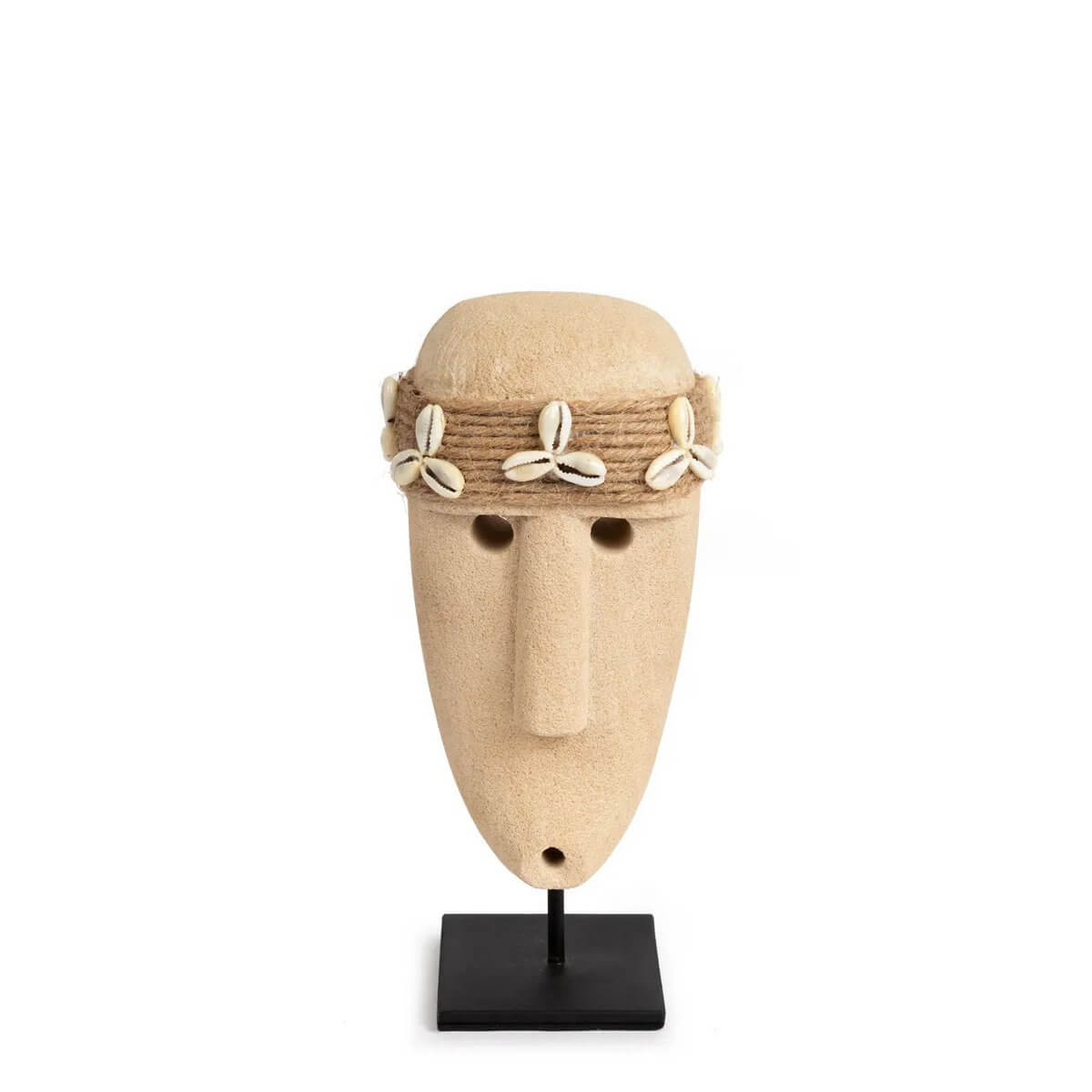 Hand-carved Sumba stone sculpture on stand with bohemian style, offering traditional protection and elegance.