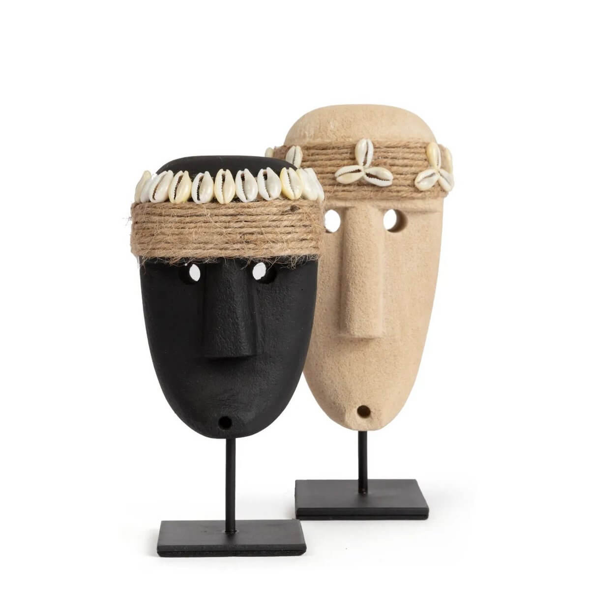 Bohemian Sumba-stone figures on stands, handcrafted from sandstone in Indonesia, perfect for home decor or cultural statement pieces.