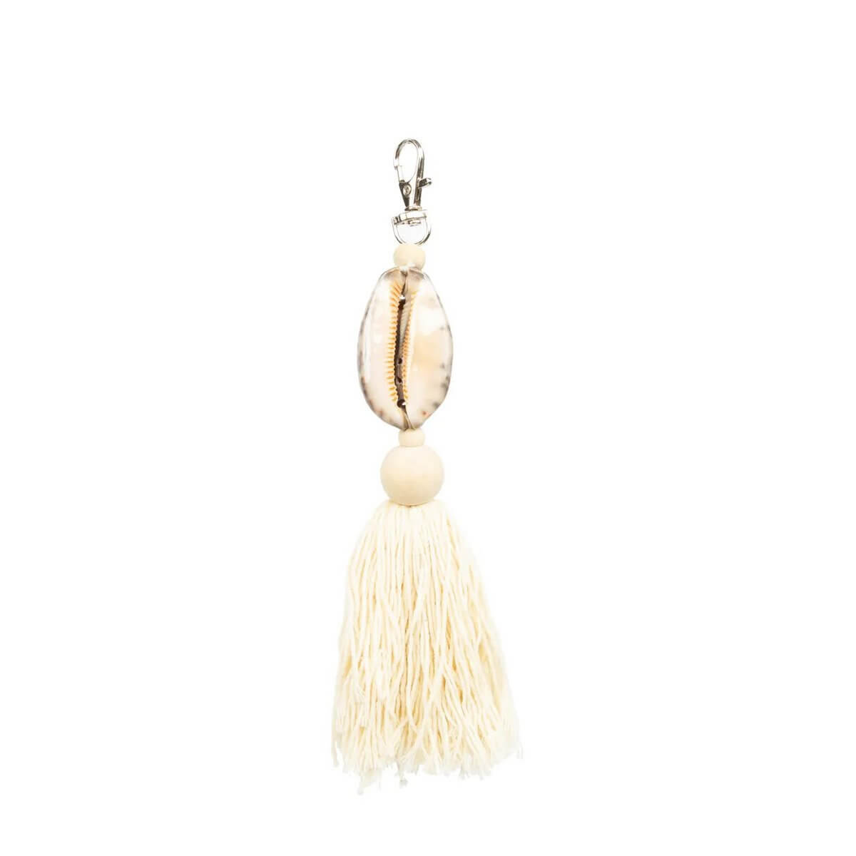 Bohemian keychain with natural brown wood and cotton tassel, combining rustic charm with functionality.