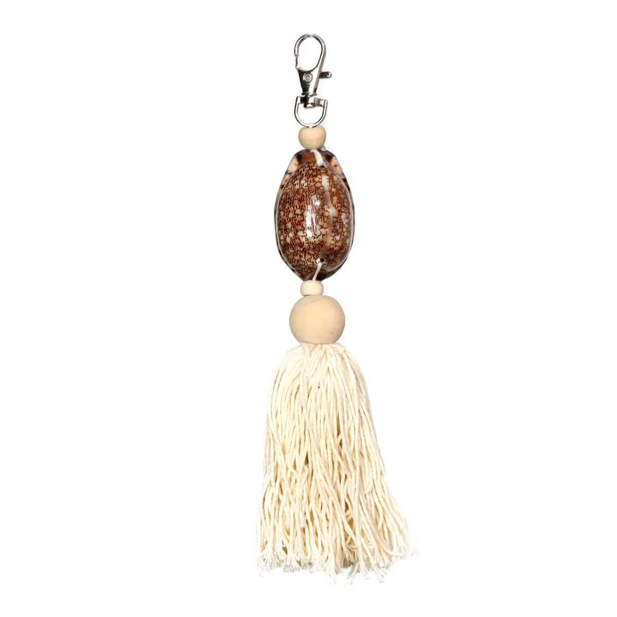 Bohemian style Sumbawa keychain in natural brown with tassel, made from sustainable wood and cotton, adds rustic charm to your keys.