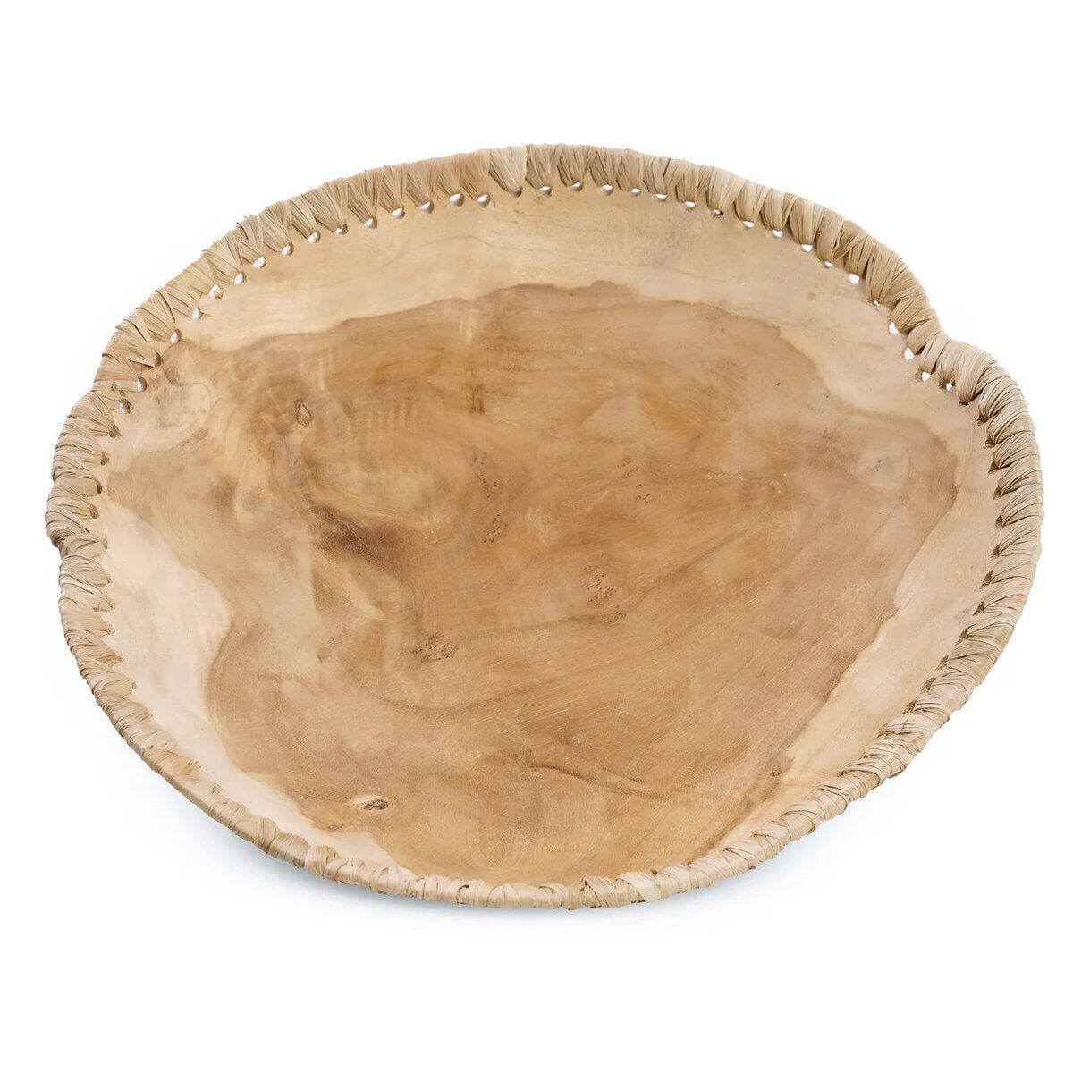 Natuurlijke teakhouten en leren kom, perfect voor het stijlvol presenteren van fruit en brood. Uniek design in beige tinten.