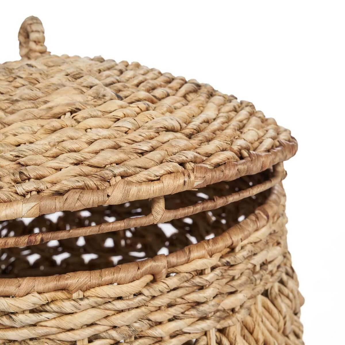 Close-up of a handmade Tarajih Basket in bohemian style, crafted from natural banana leaf with organic texture, perfect for cozy home decor.