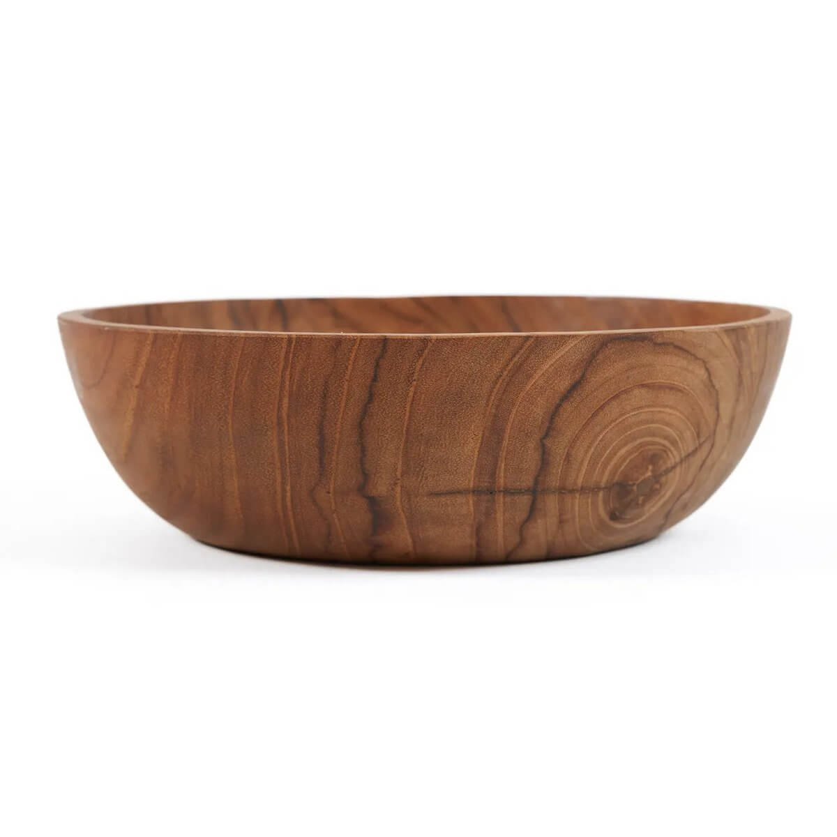 Rustic bohemian snack bowl made from sustainable teak root, showcasing unique natural wood patterns, perfect for entertaining.
