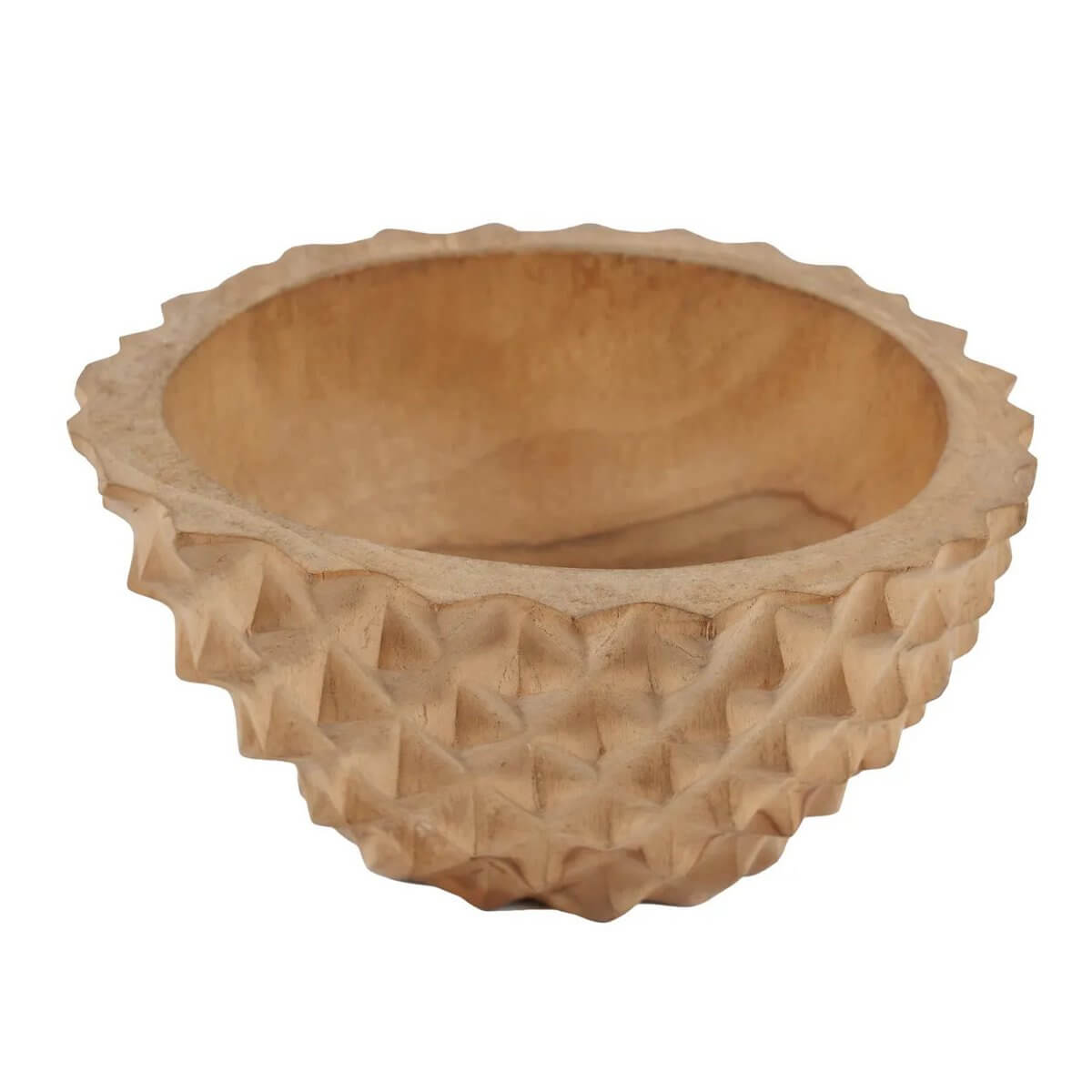 Bohemian style Teakwood Durian Bowl with textured surface inspired by durian fruit, perfect as decorative centerpiece or serving dish.