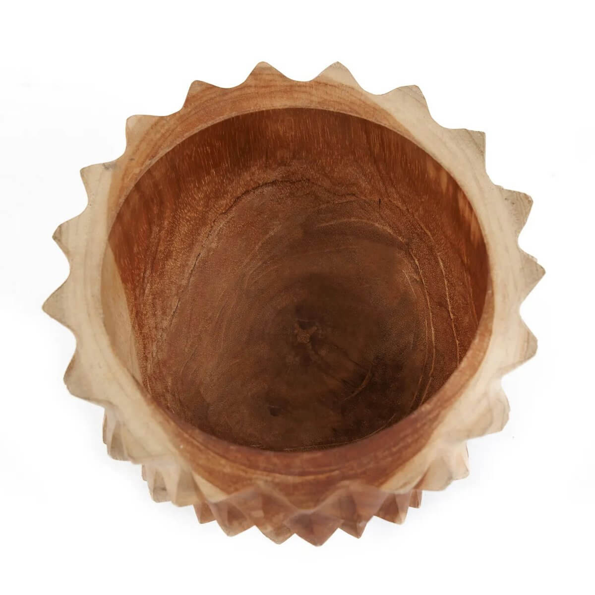 Durian-inspired teak bowl with spiky exterior, perfect for a bohemian centerpiece or serving snacks. Unique and stylish design.