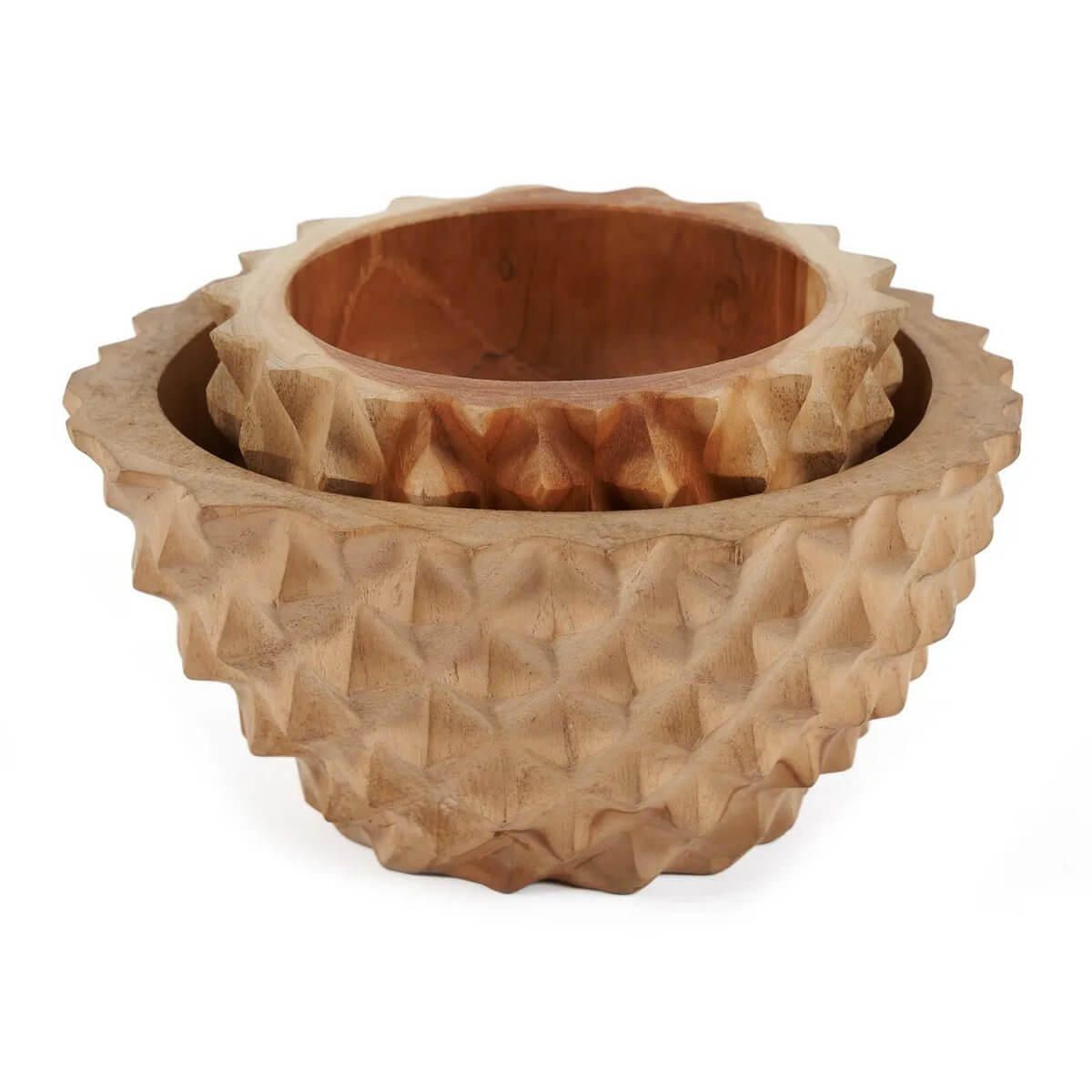 Bohemian style teak root bowl with durian-inspired spiky exterior, perfect for decorative centerpiece or serving snacks.