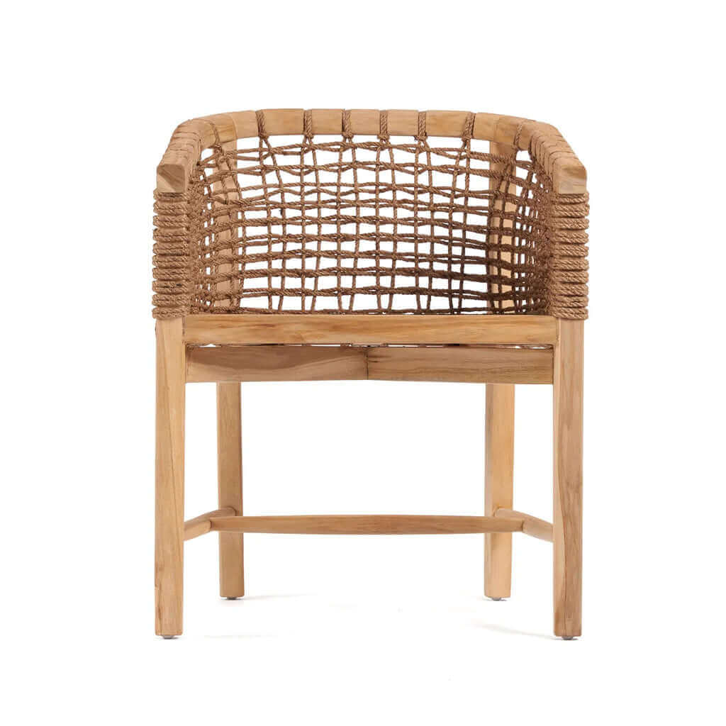 Teakhouten Tugu eetkamerstoel met touw, elegante buitenstoel voor serene rust en verfijning.