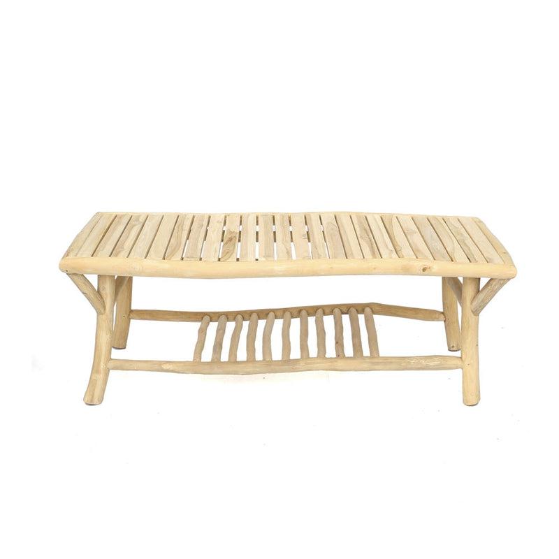 Organische salontafel van massief teakhout, handgemaakt voor een natuurlijke en zomerse sfeer, ideaal voor terras of tuin.