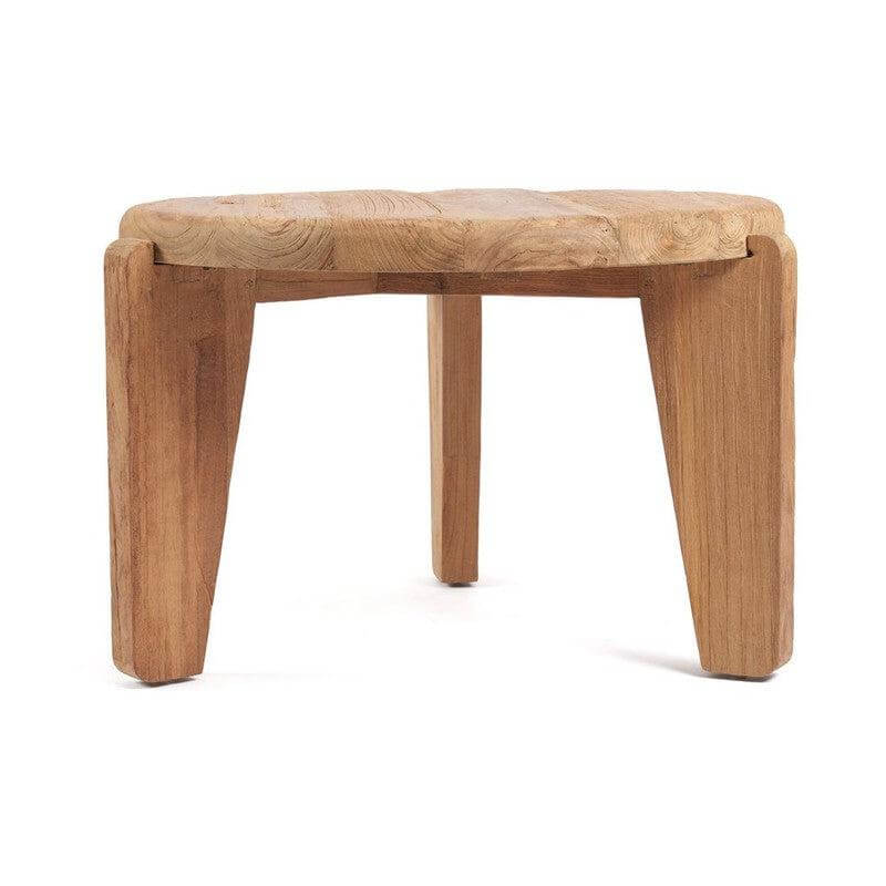 Duurzame Wabi Sabi salontafel van hergebruikt teakhout, met drie poten en een natuurlijke uitstraling, perfect voor elk interieur.