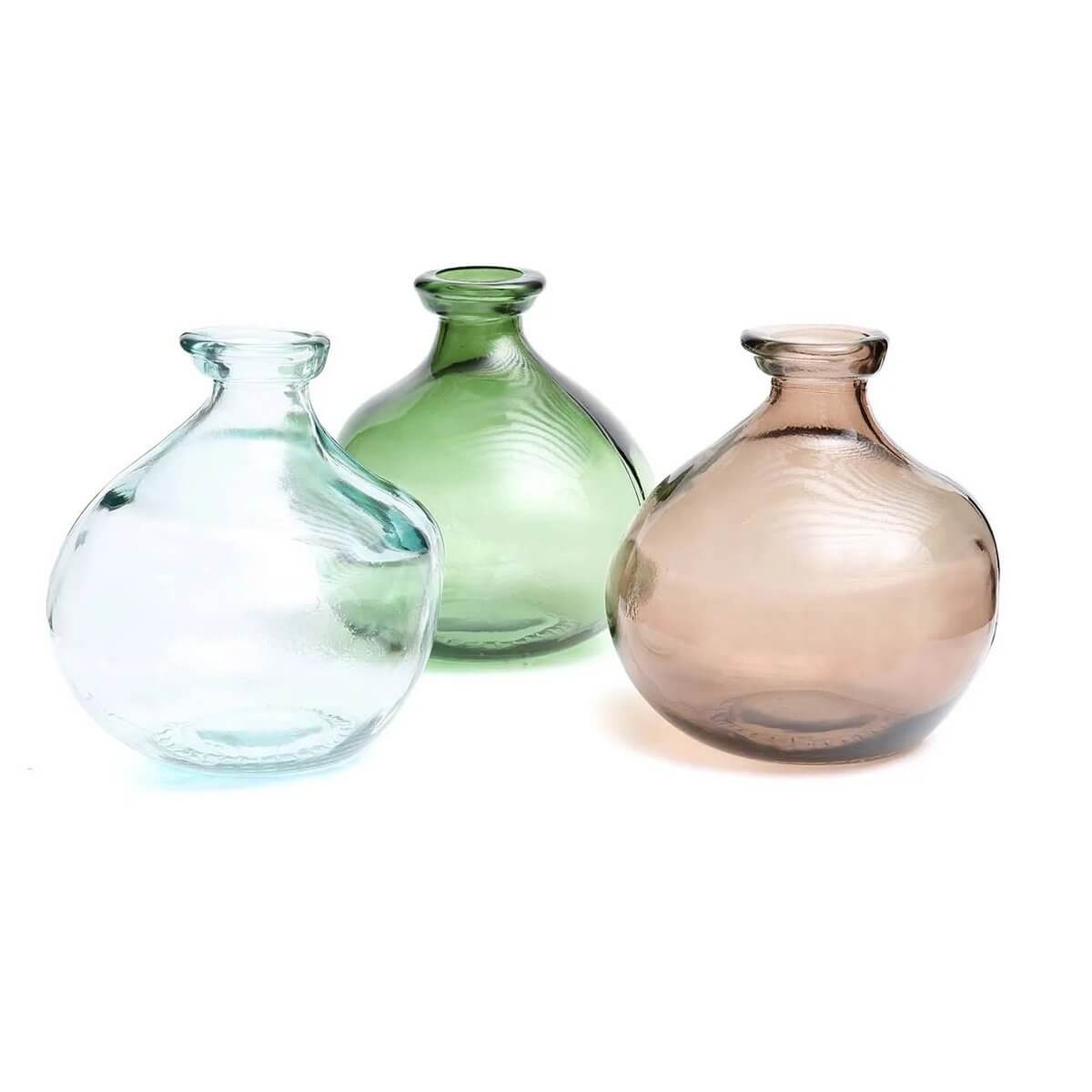 Alt Tag: Trio of round Bohemian-style vases, including the green De Xiao Vase, with soft curves perfect for floral displays or decor.