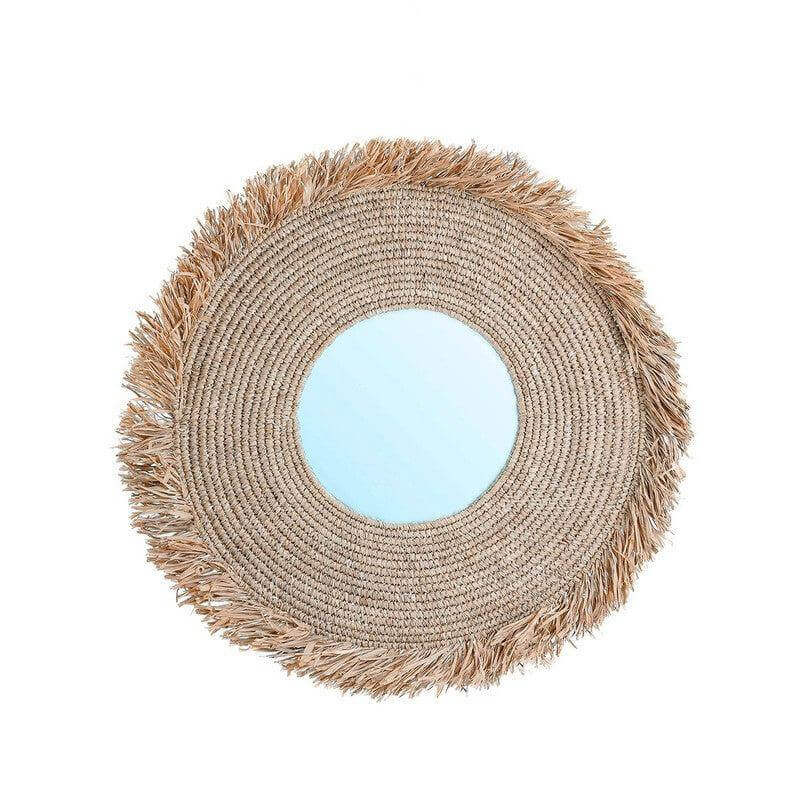 De Yema Spiegel - Naturel met geweven raffia en franjes, perfect voor een stijlvolle badkamer of hal.