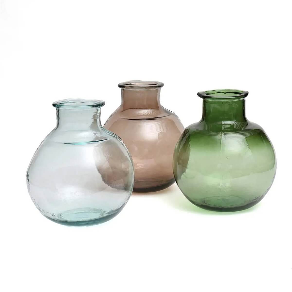 Three colorful Yugang vases, including a green Bohemian-style vase, made from recycled glass with a modern bubble shape.