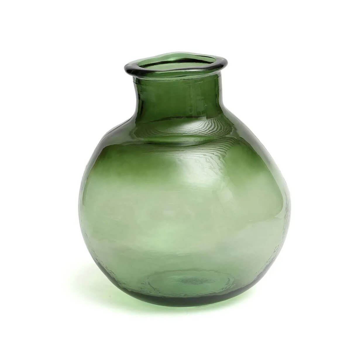 Bohemian green Yugang vase with organic bubble shape, made from recycled glass; ideal decor for modern spaces. Size: 25x25x31cm.