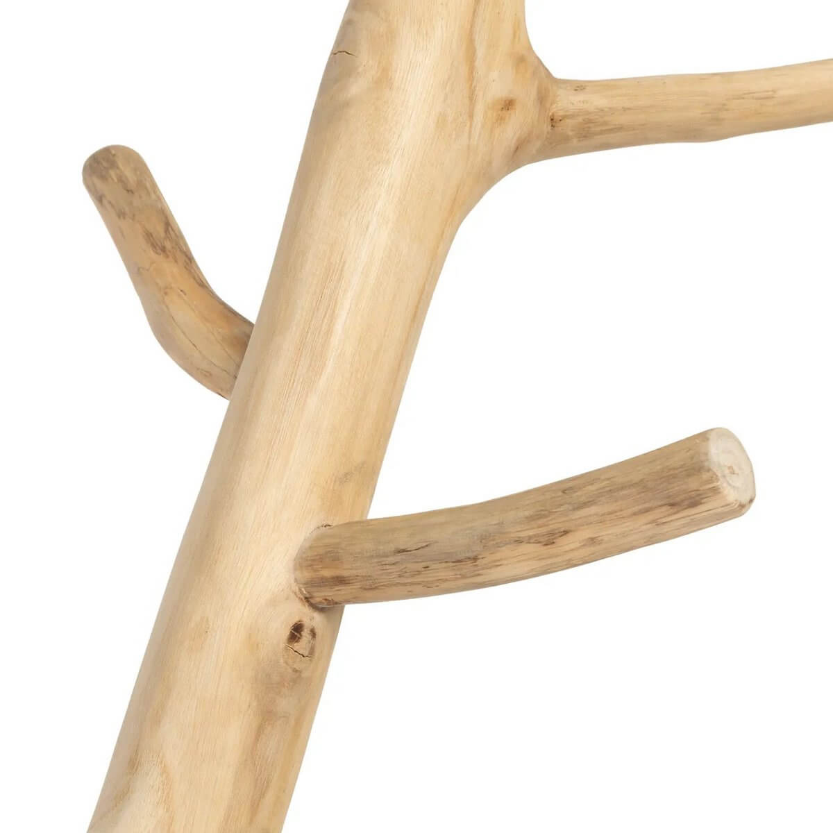 Close-up of a Bohemian-style wooden coat hanger with natural finish, featuring sturdy branches for hanging, by Bazar Bizar Living.