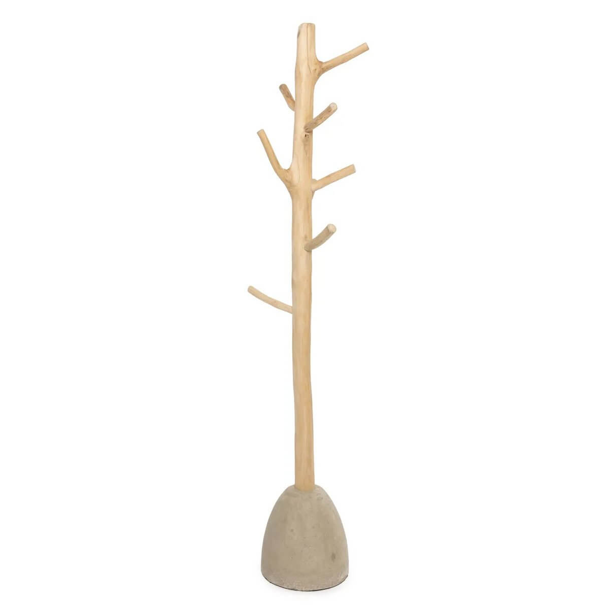 Bohemian-style handcrafted hanger with teak wood and concrete base, ideal for any hallway. Sturdy, stylish, and natural.