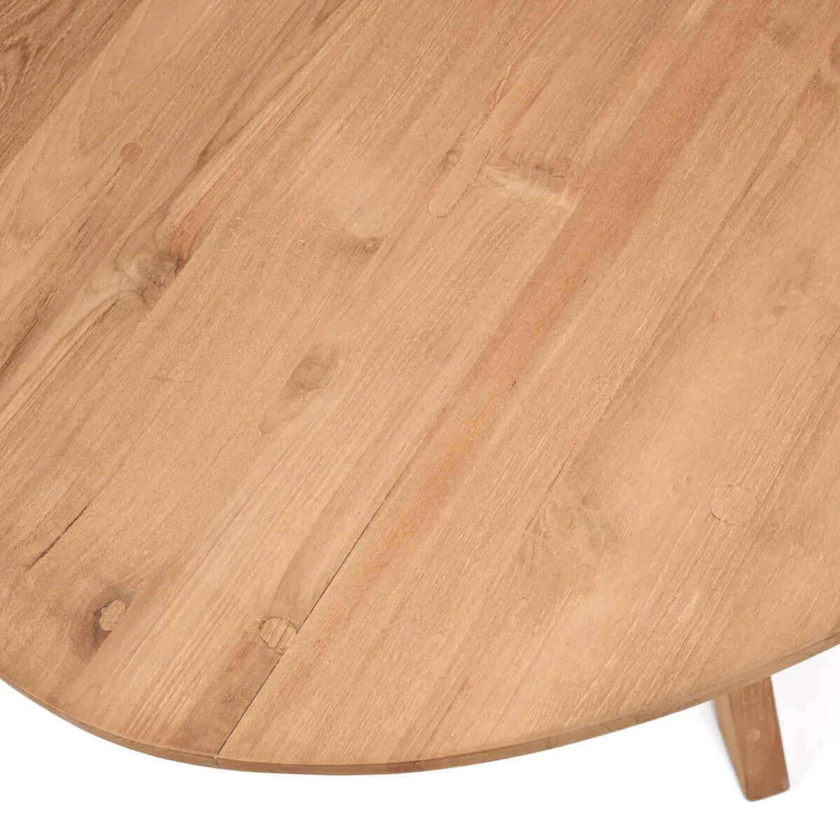Top view of the eco-friendly Kulala dining table made from upcycled teak wood, showcasing a smooth Bohemian design by Bazar Bizar Living.