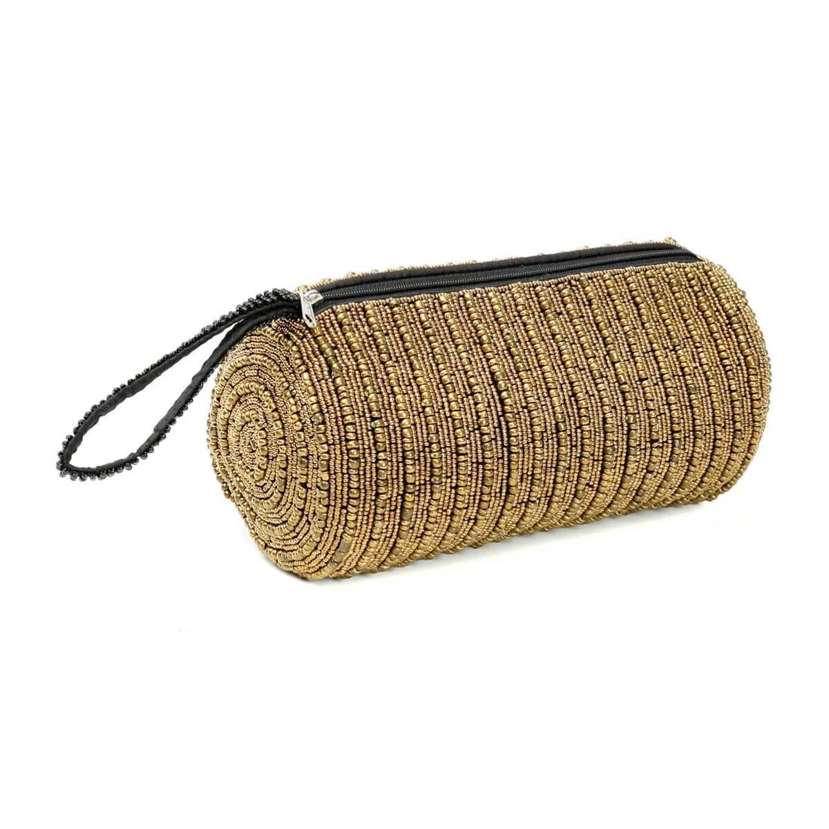 Bohemian goudkleurige etui in cilindervorm, perfect voor pennen en make-up, met elegante ritssluiting en geweven patroon.